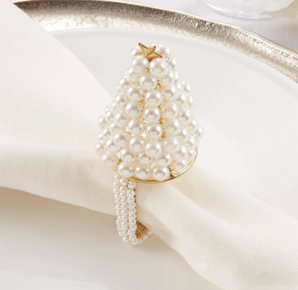 Ivory Pearl Christmas Tree Napkin Ring Holder