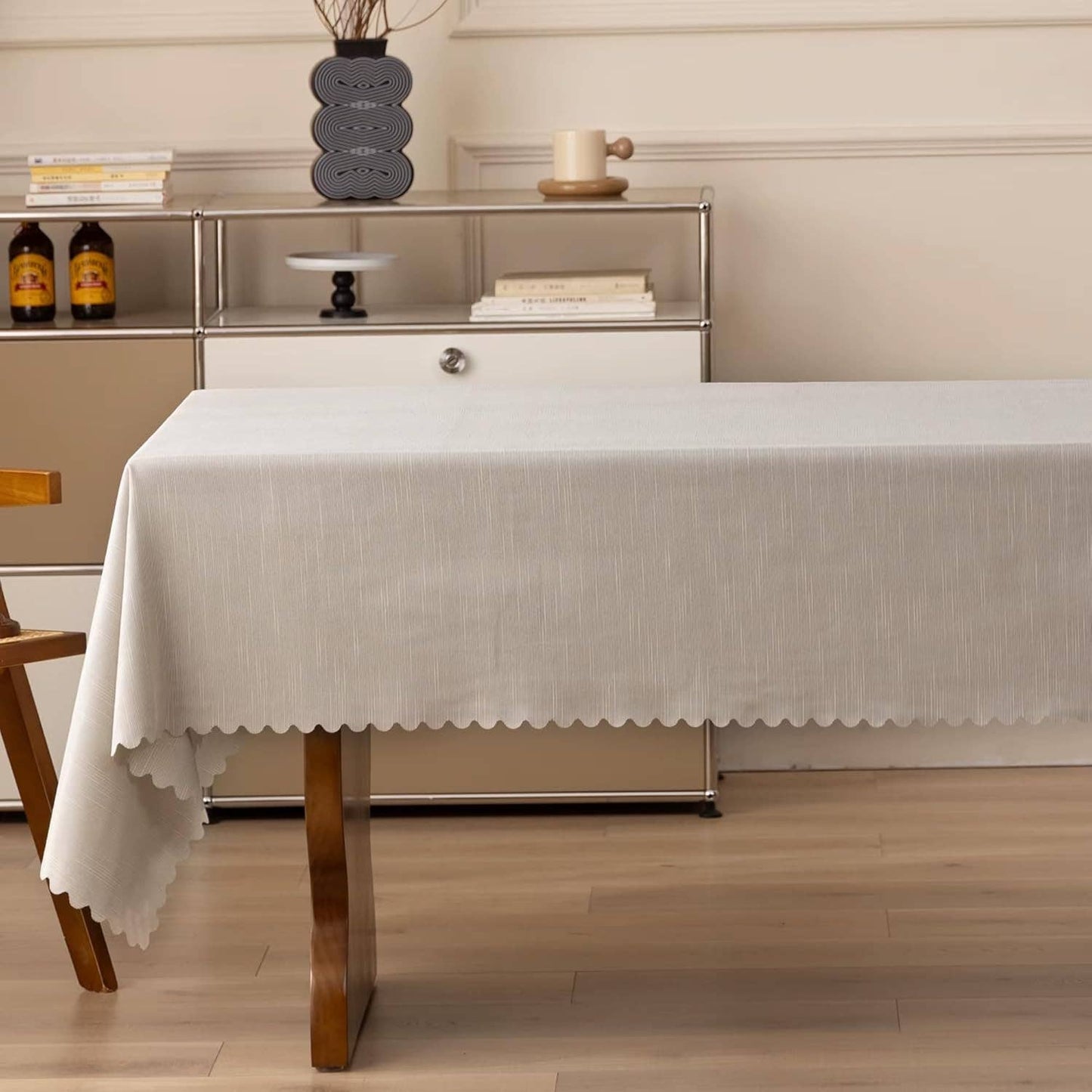 Light Gray Scalloped Edge Textured Striped Tablecloth