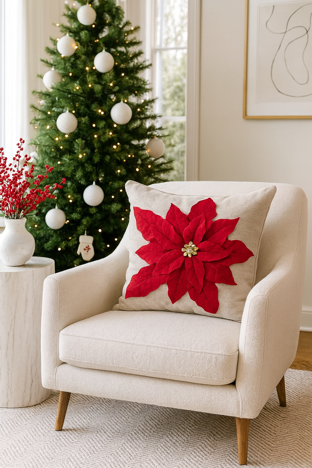 Red Felt Poinsettia Gold Belts Natural 17" Throw Pillow