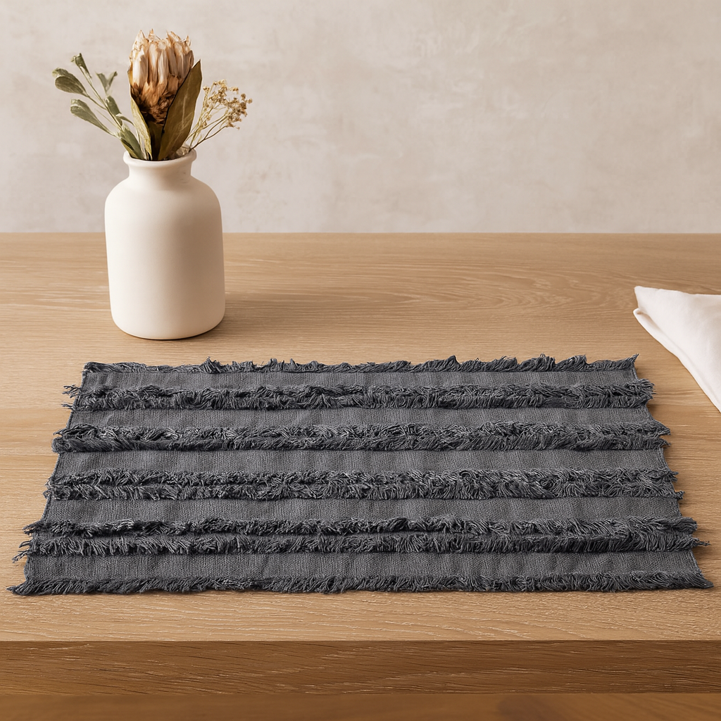 Grey Fringed Stripe 13"x19" Cotton Placemat