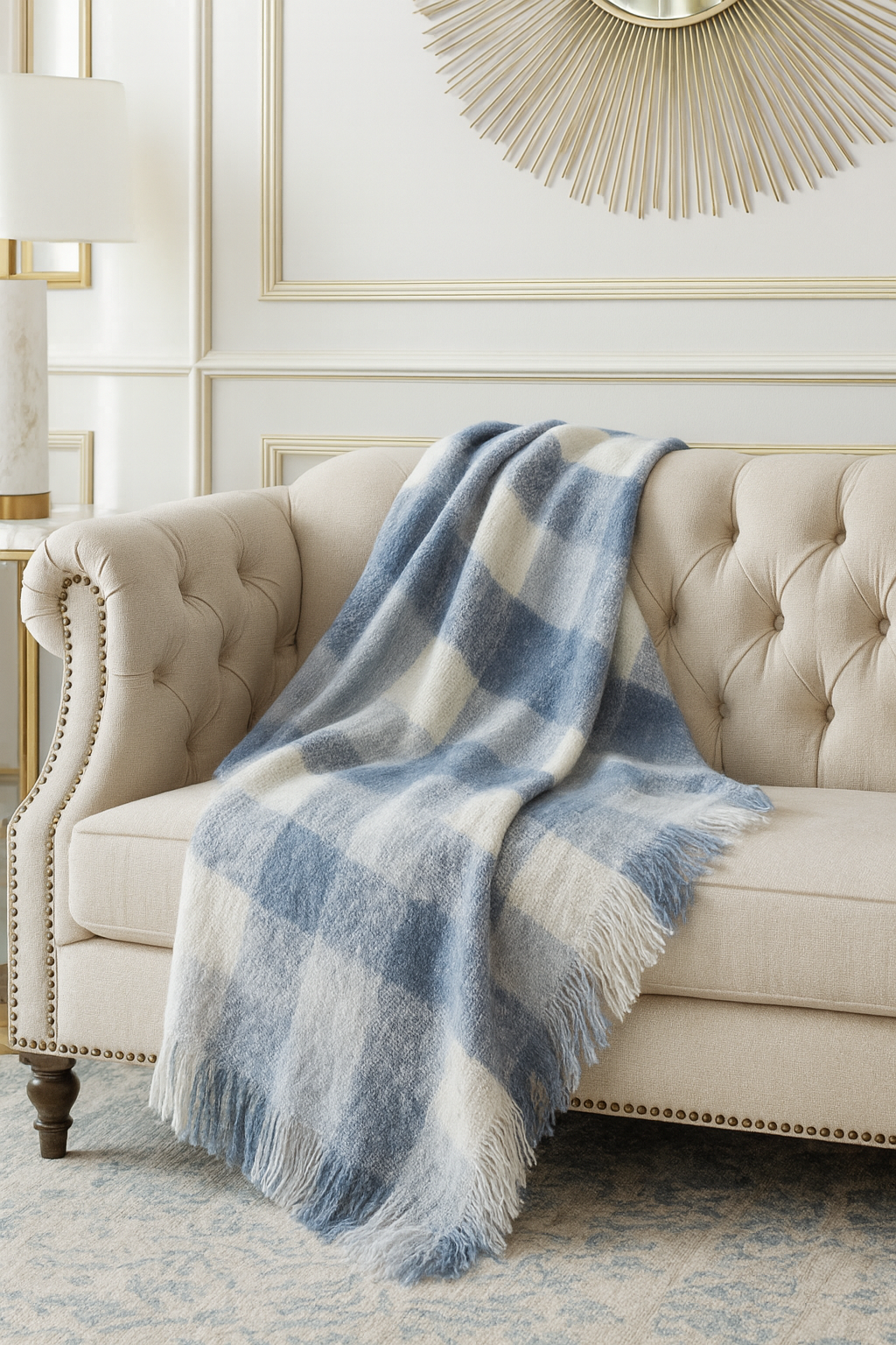 Blue-Grey-White Faux Mohair Plaid Fringed Throw Blanket