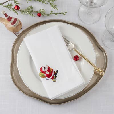 Embroidered Santa 20" White Cloth Napkin