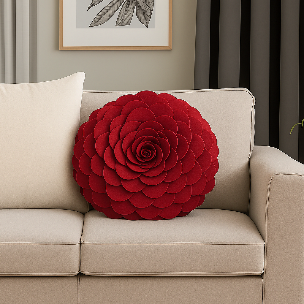 Red 3D Rose Flower Petal Decorative Throw Pillow