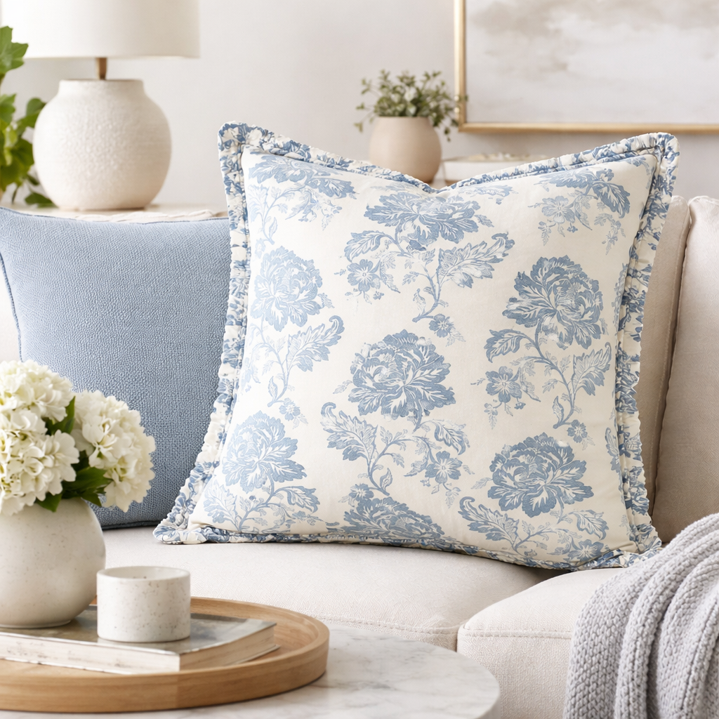 Blue Floral Toile Ruffle Edge Throw Pillow
