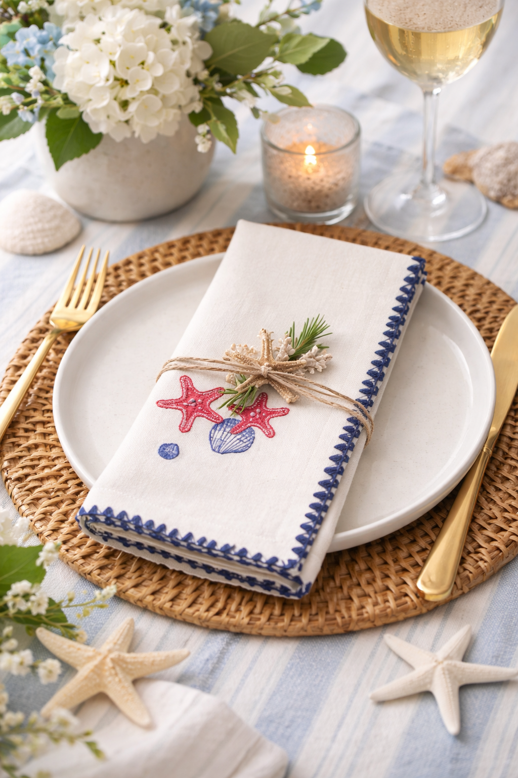 416 - Embroidered Sea Shells Cotton 18" Dinner Napkin