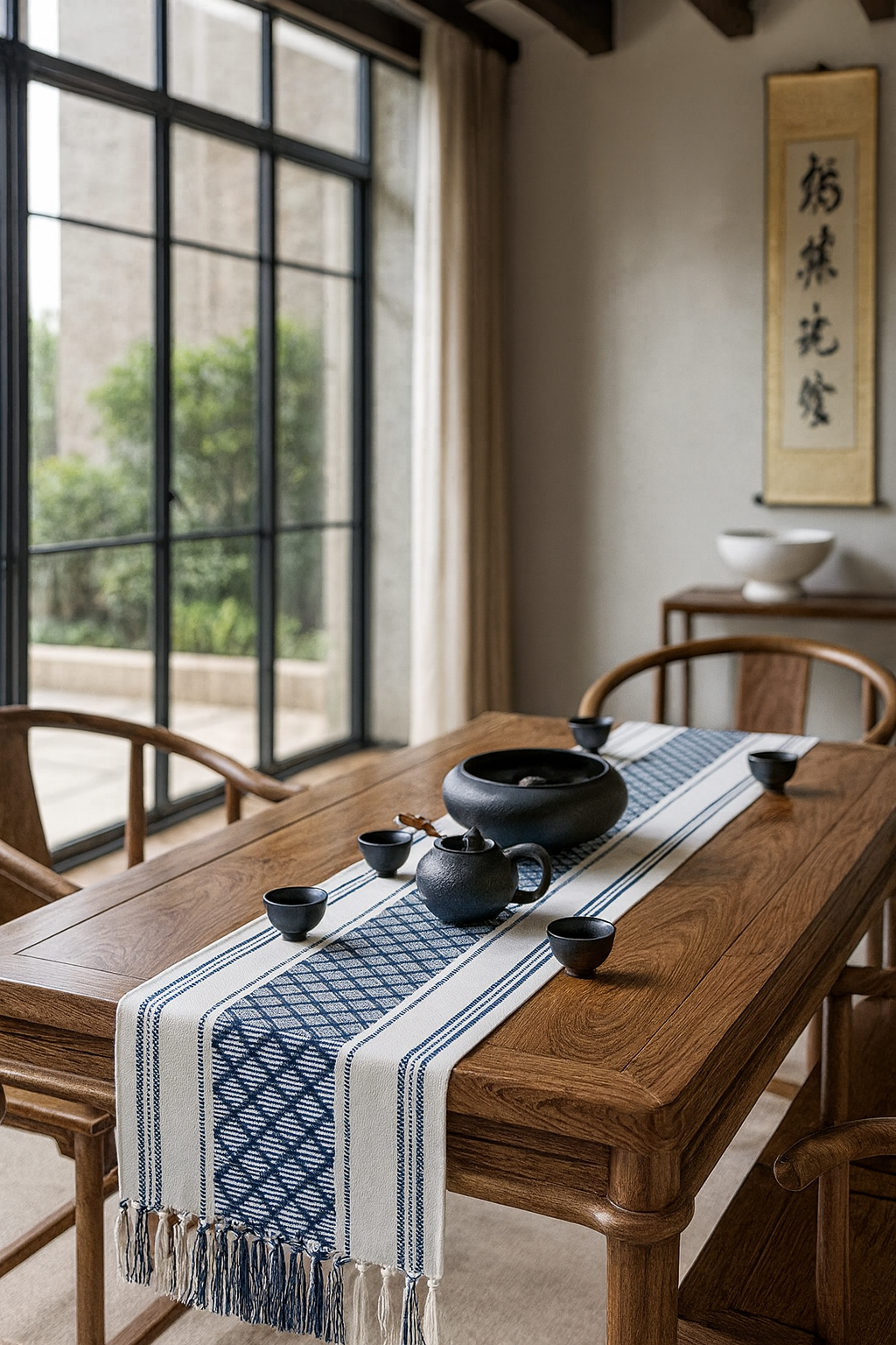 Navy Diamond Stitched Tasseled Cotton Blend Table Runner