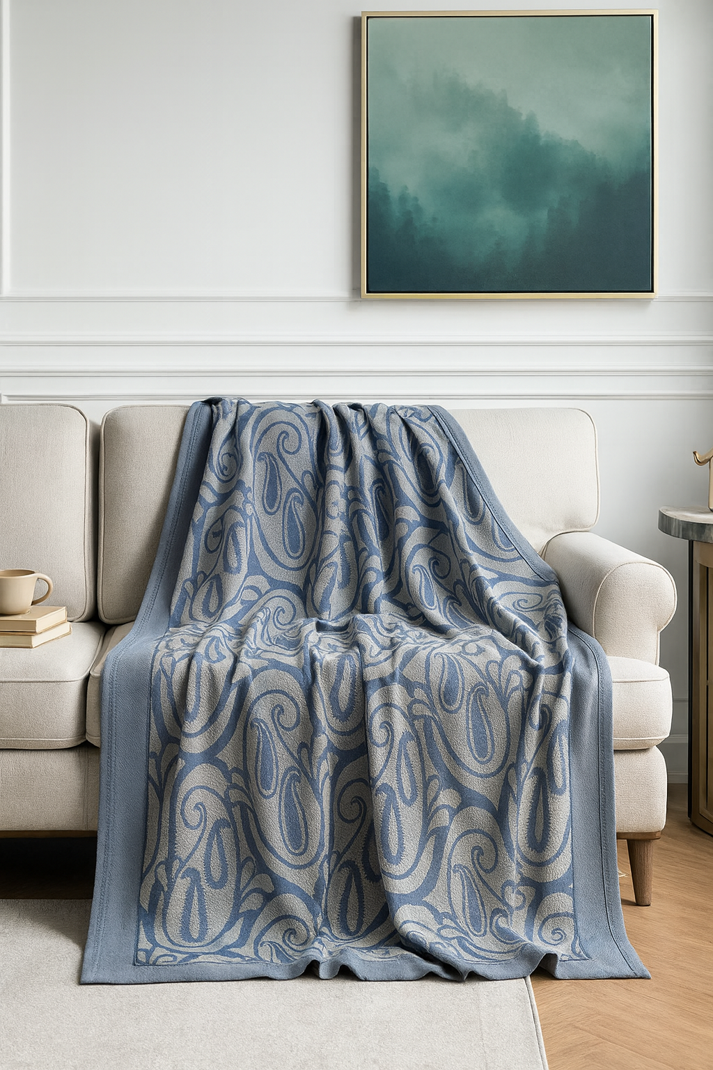 Blue-grey Paisley Knit Tasseled 50"x60" Throw Blanket