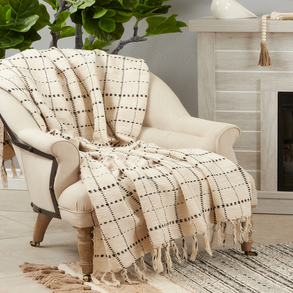 Natural Dashed Line Tassel 50"X60 Cotton Throw Blanket