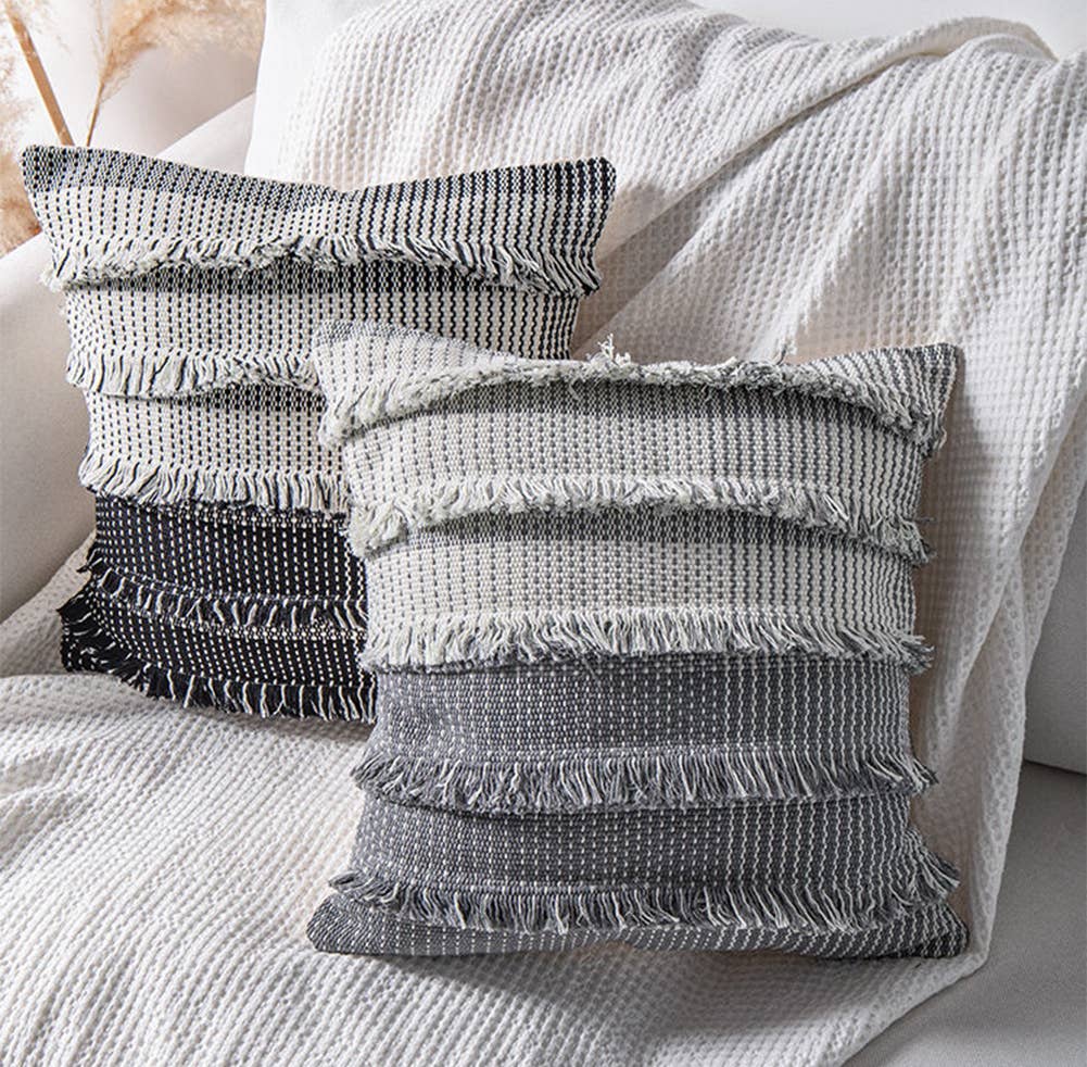 Two Tone Fringed Cotton 18" Decorative Throw Pillow Cover