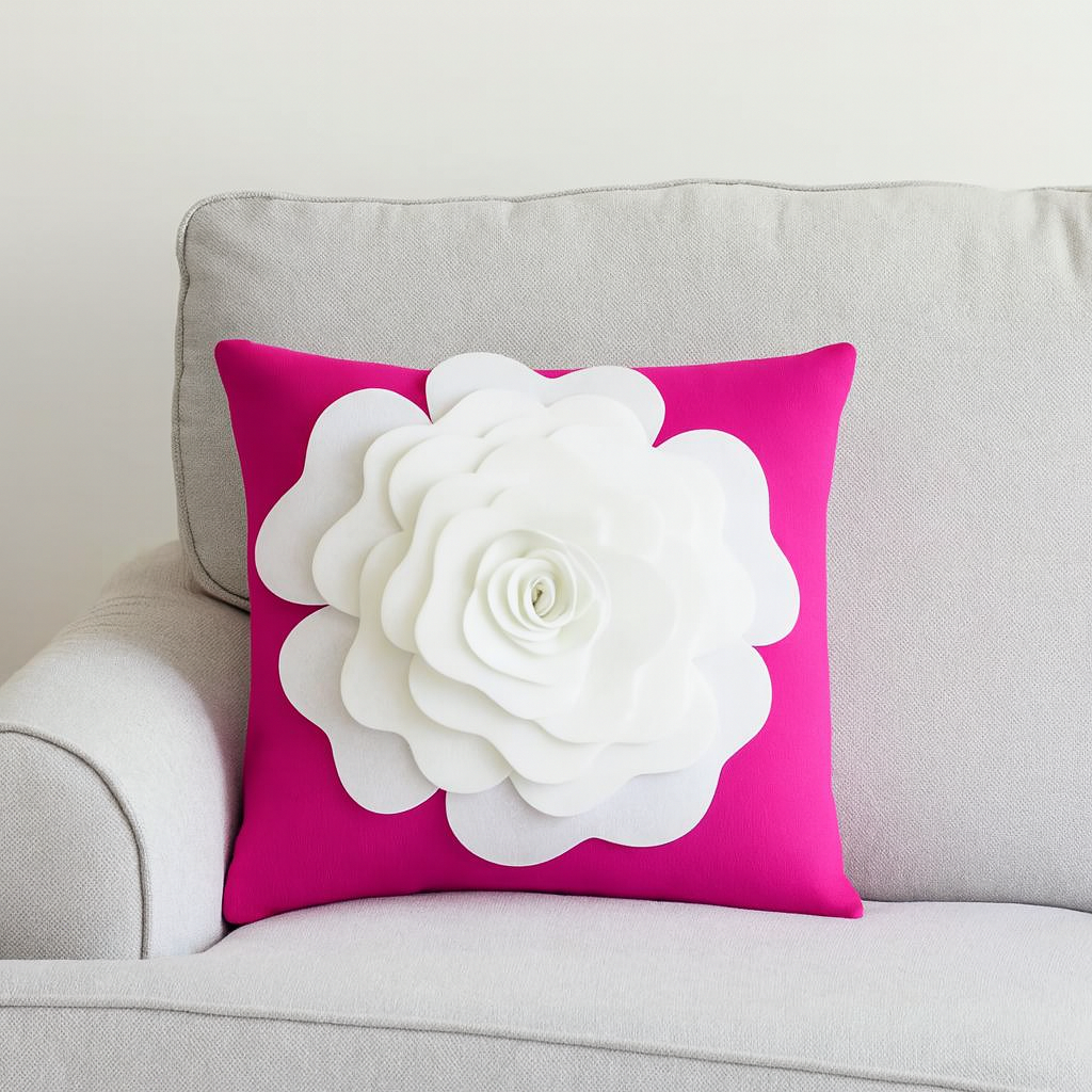 PLW0123 - Magenta 3D White Rose Flower 17" Throw Pillow