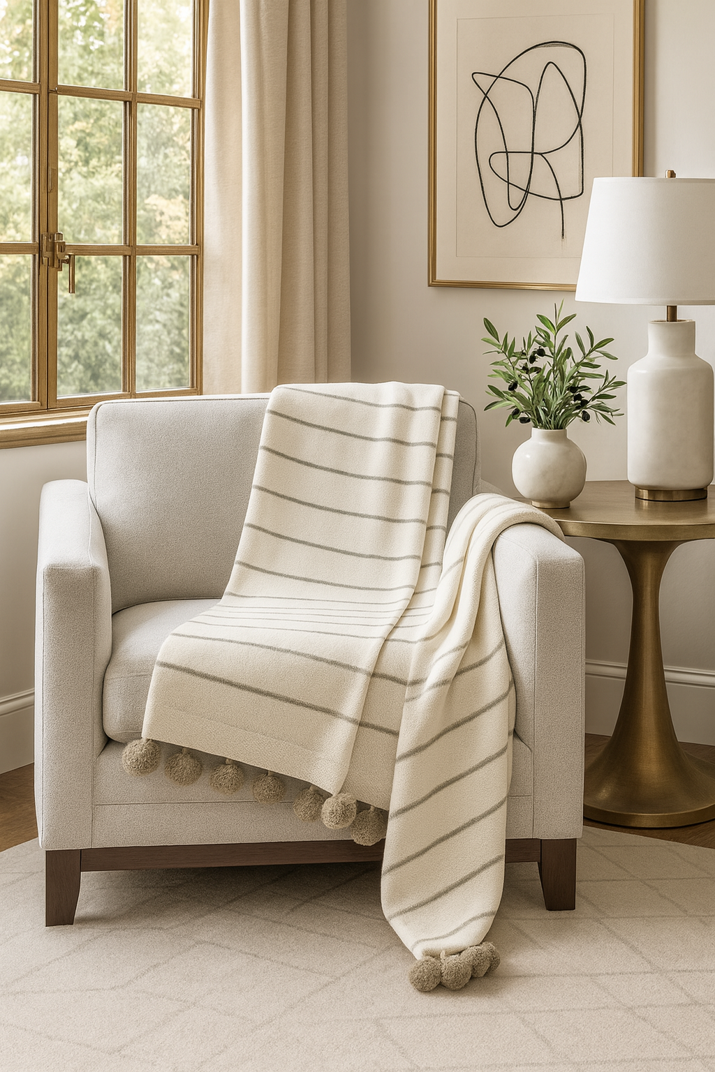 TH332 - Ivory Pom pom Striped Woven 50"x60" Throw Blanket