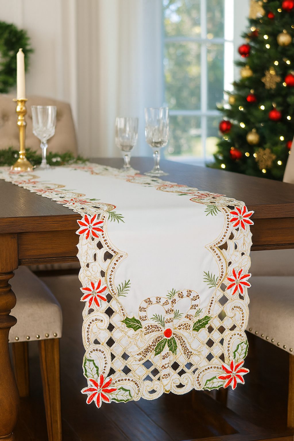 Holly Bow Christmas Design Ivory Table Runner