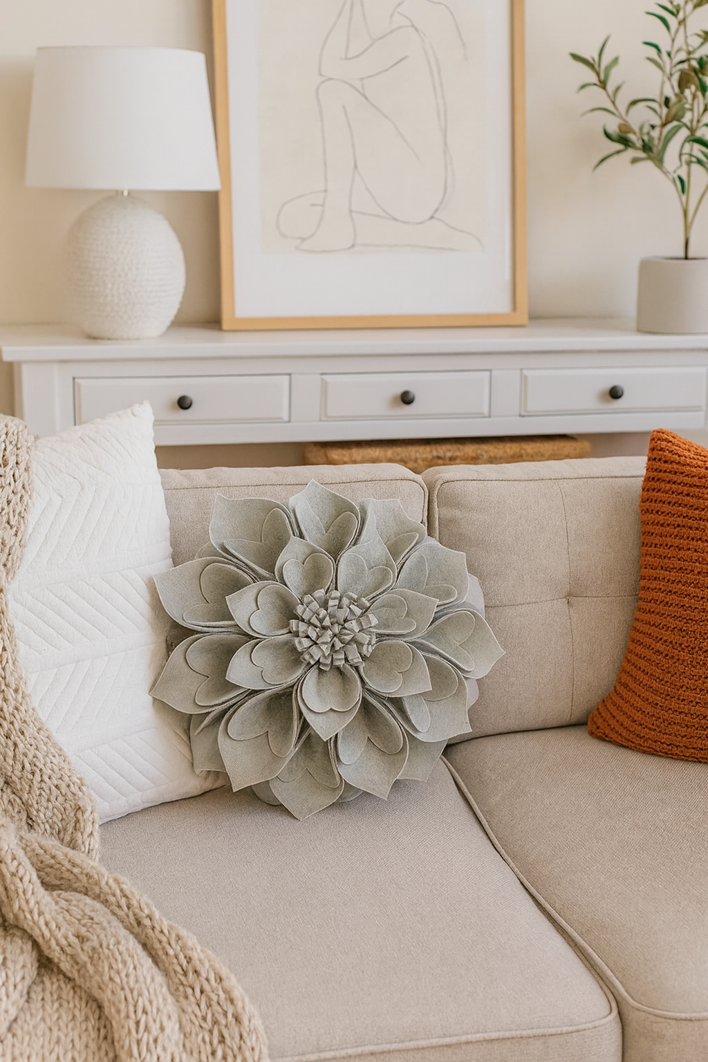 Grey 3D Heart-Shaped Petal Flower Throw Pillow