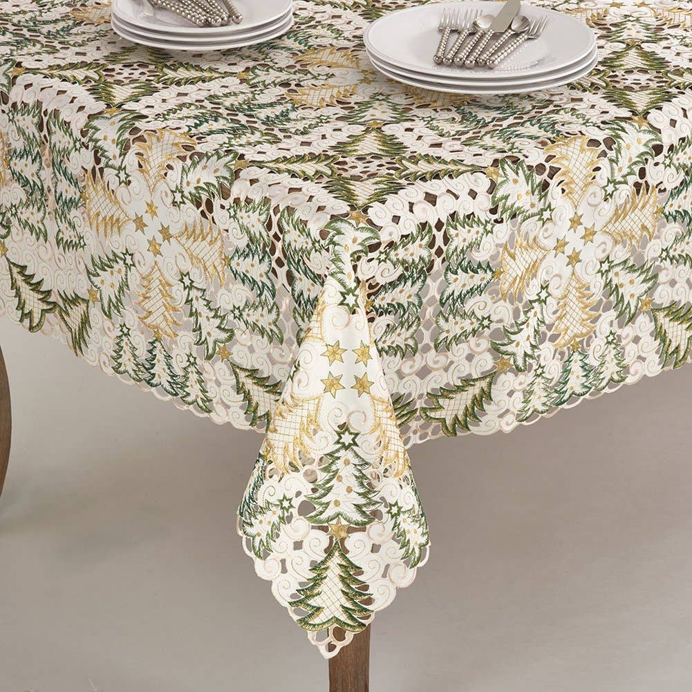 Christmas Tree Cutwork White Tablecloth