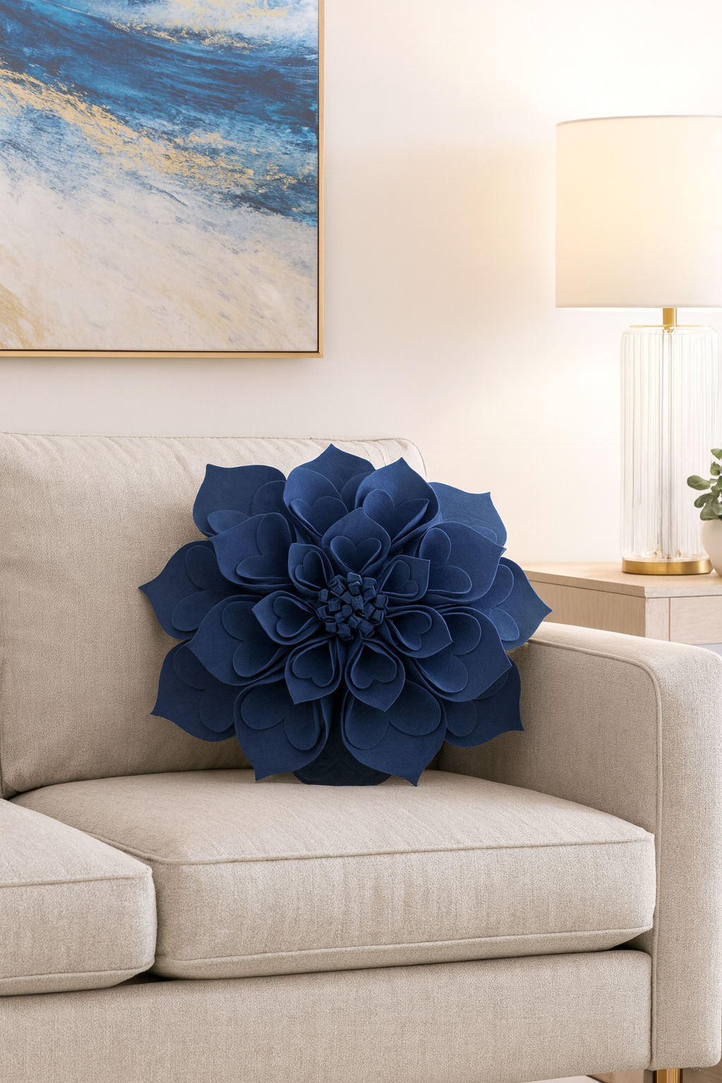 Navy Blue 3D Heart-Shaped Petal Flower Throw Pillow