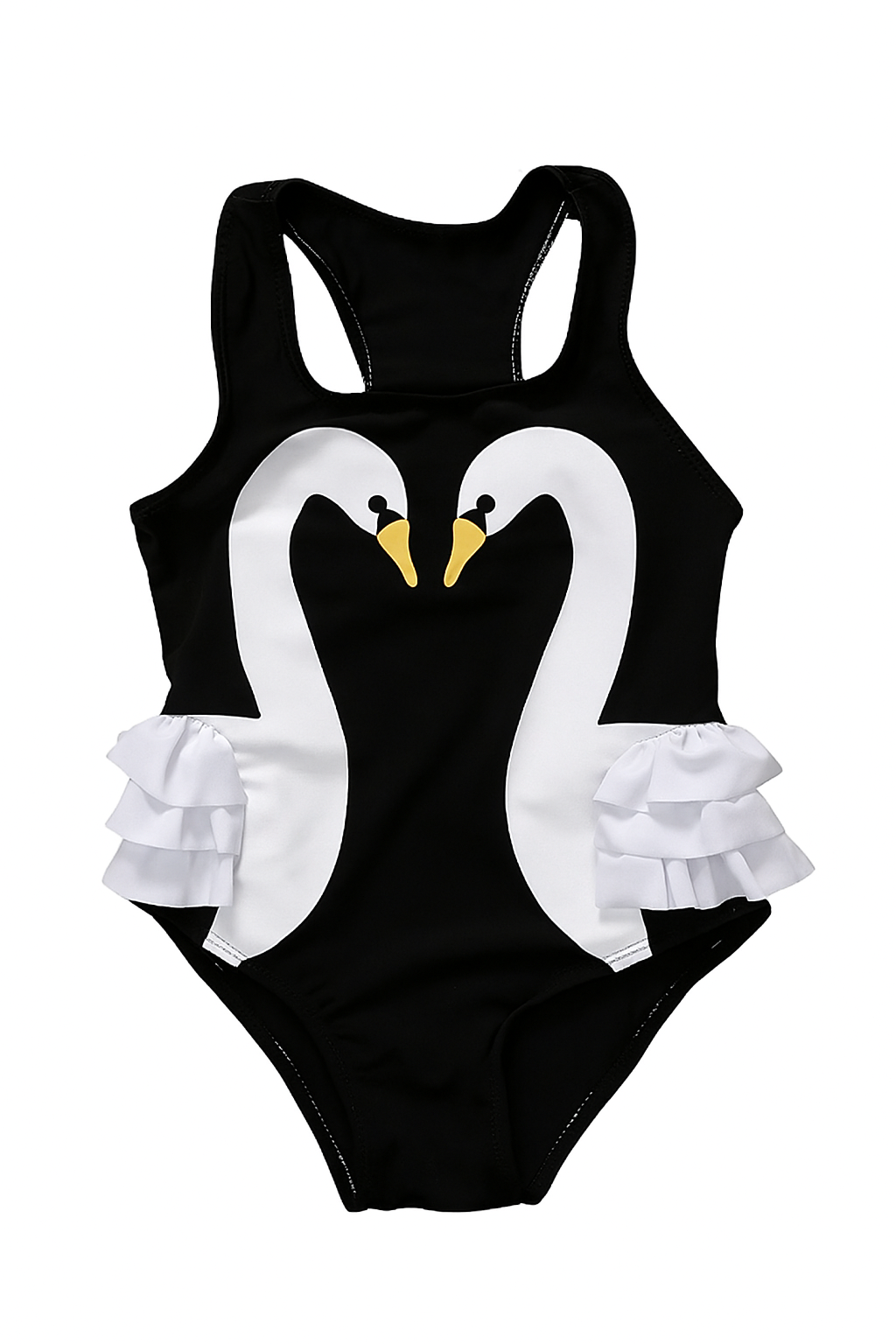 Black & White Swan Ruffle Girl Swimsuit