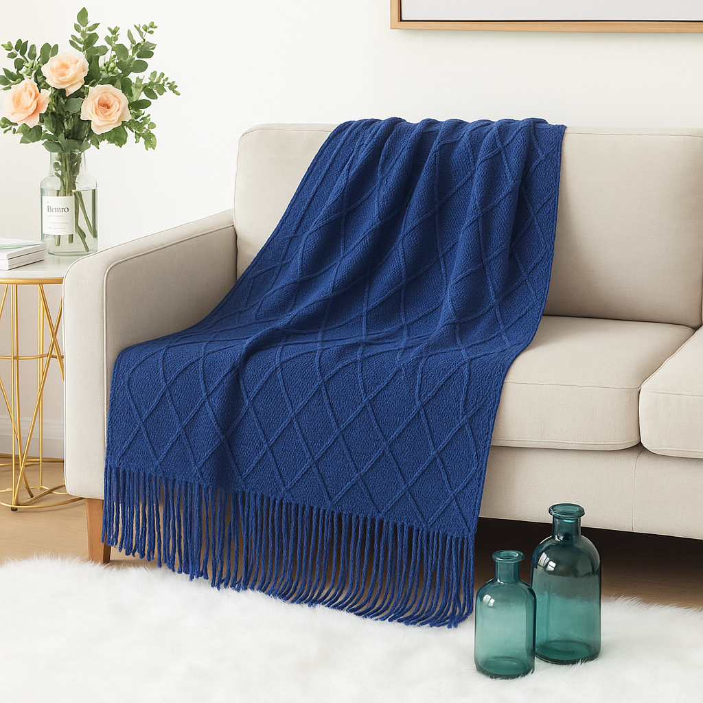 Blue Rhombus Diamond Knit 50x60 Inch Throw Blanket
