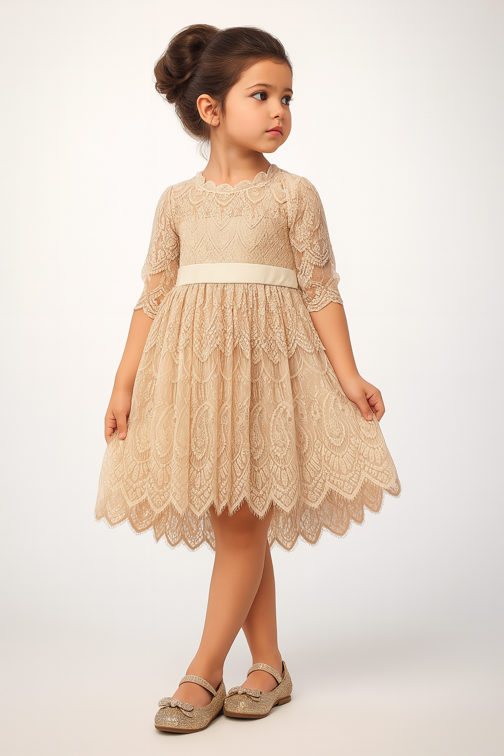 Beige Vintage Lace 3/4 Sleeve A-Line Girl Dress
