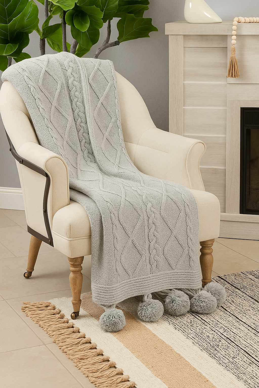 Grey Luxe Faux Fur Cable Knit Pom Pom Throw Blanket