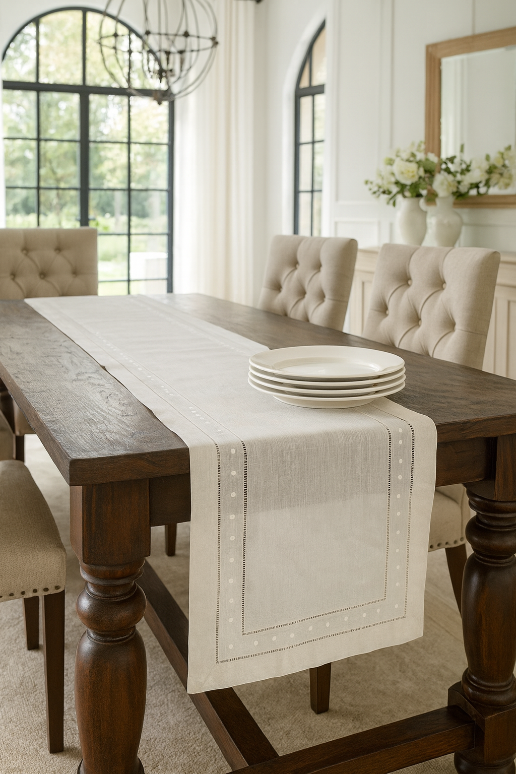 8648 - Embroidered Swiss Dot Hemstitch Linen-Cotton Table Runner