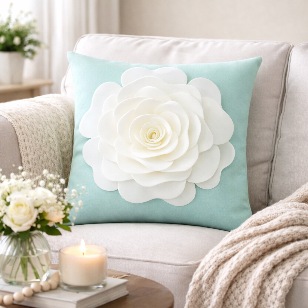 Mint 3D White Rose Flower 17" Throw Pillow