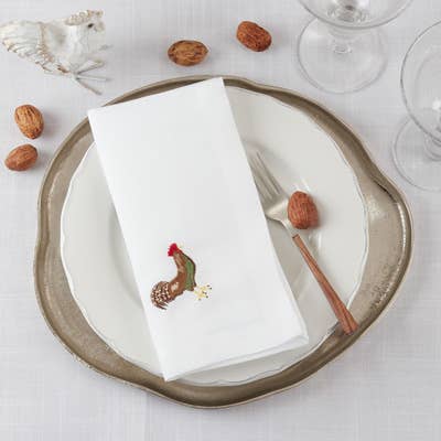 Embroidered Rooster White 20" Cloth Napkin
