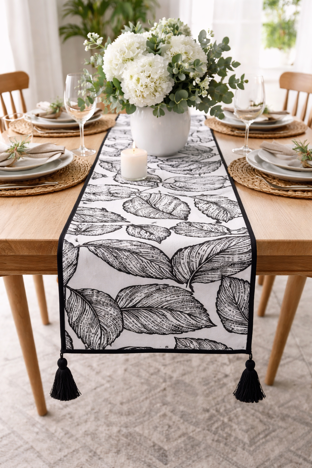 Black and White Leaf Pattern 14"x71" Table Runner