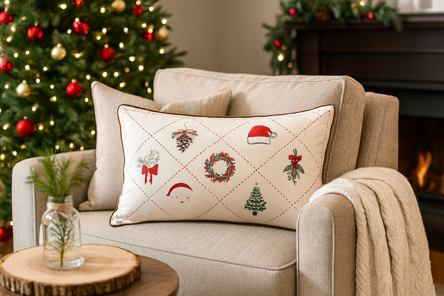Christmas Design Velvet White 12"X20" Throw Pillow