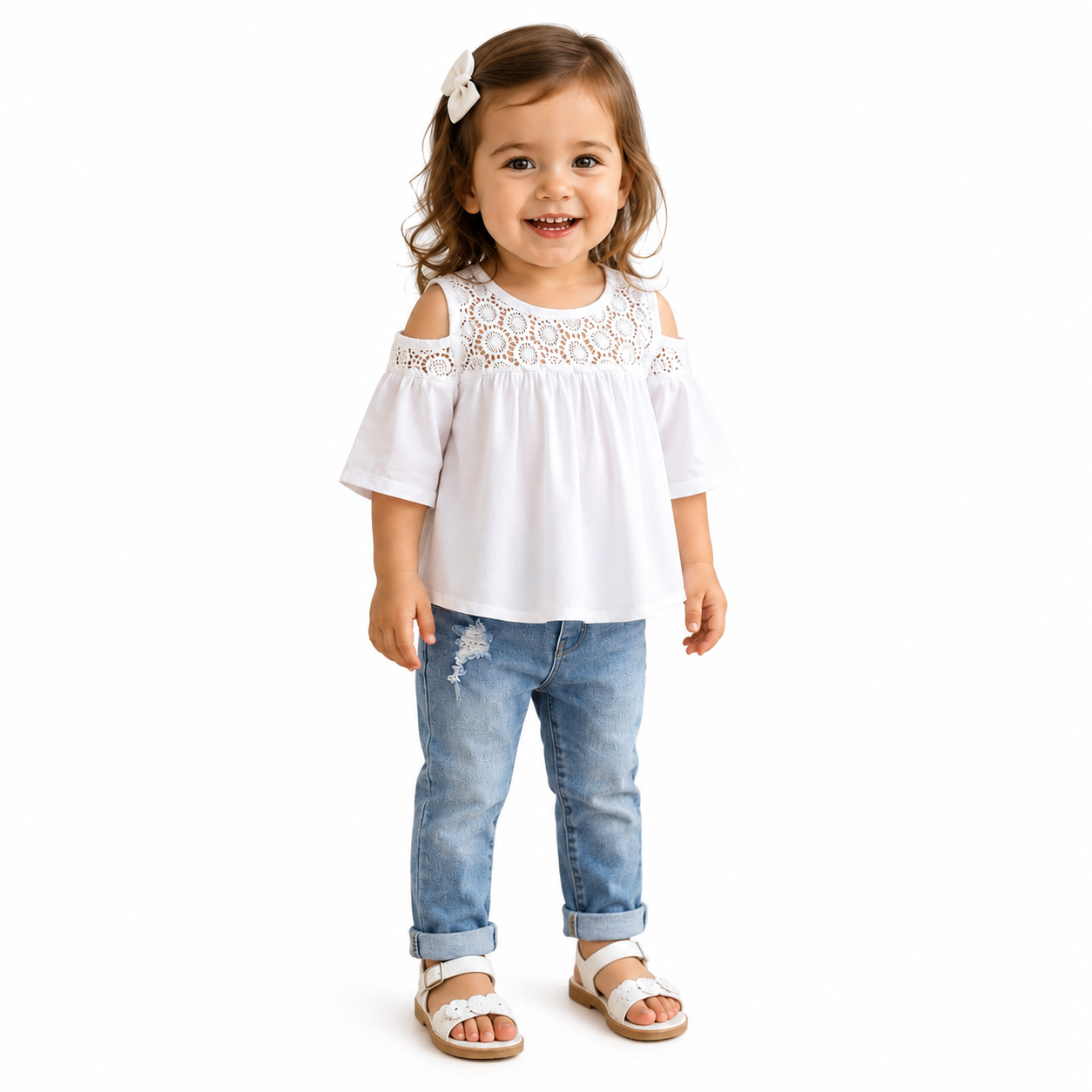 Lace Off-Shoulder 3/4 Sleeve Blouse & Jeans 2pcs Girl Outfit