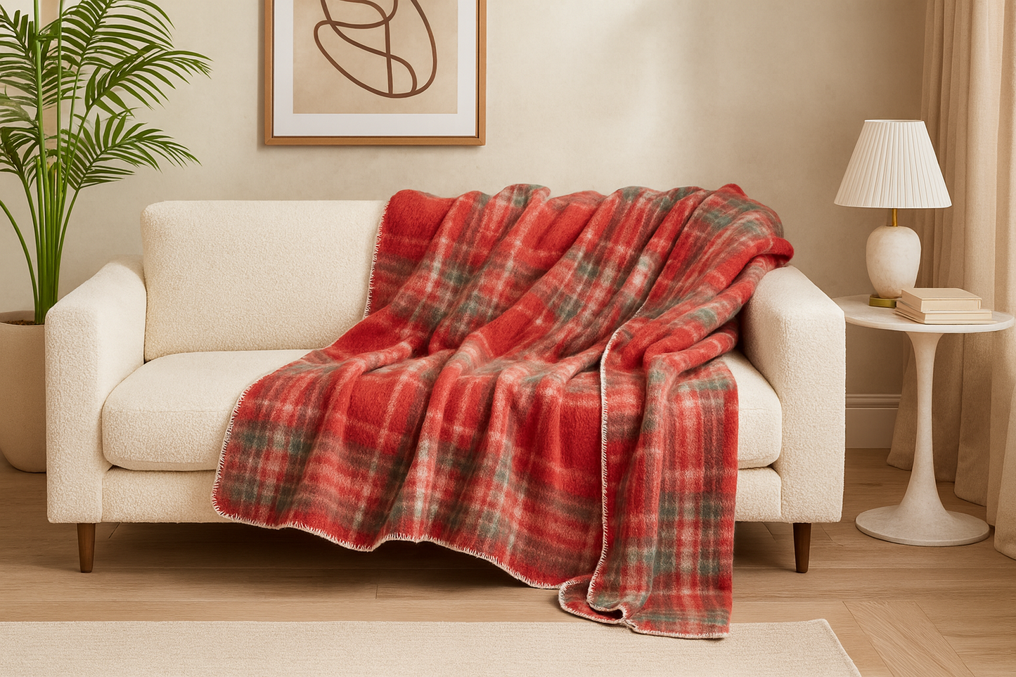 Classic Red Faur Mohair Plaid Throw Blanket