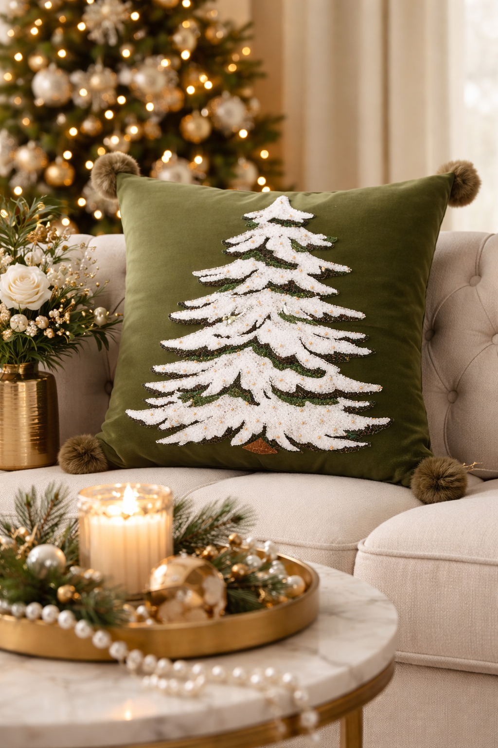 Green Embroidered Christmas Tree Pom Pom 18" Throw Pillow