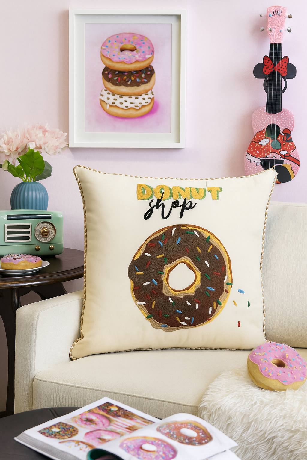 White Embroidered Donut Fun 18" Throw Pillow