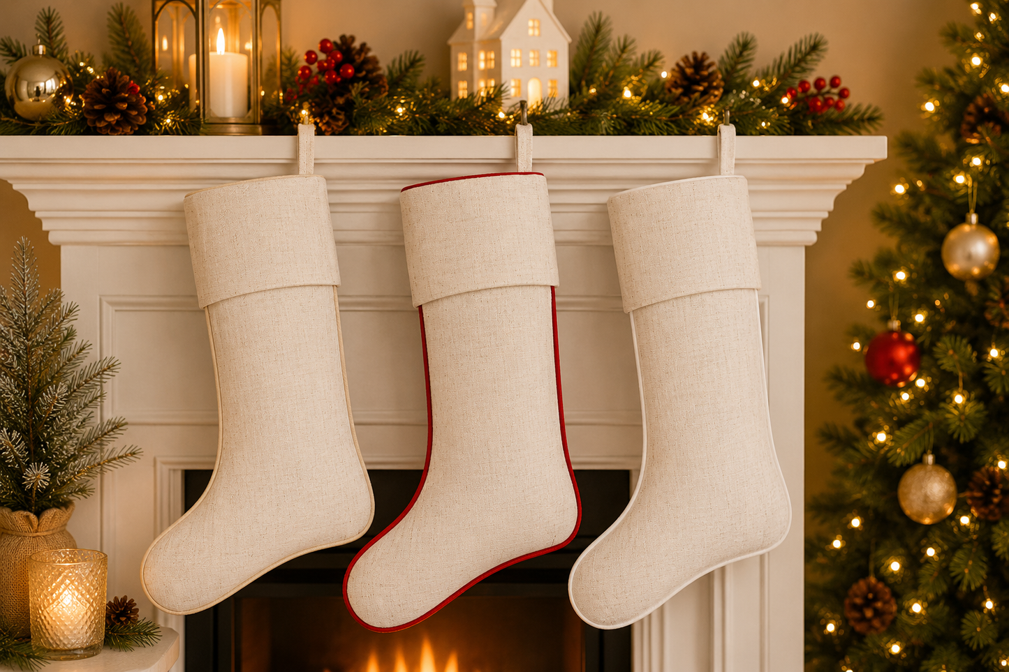 Classic Piping Linen Blend Christmas Stocking