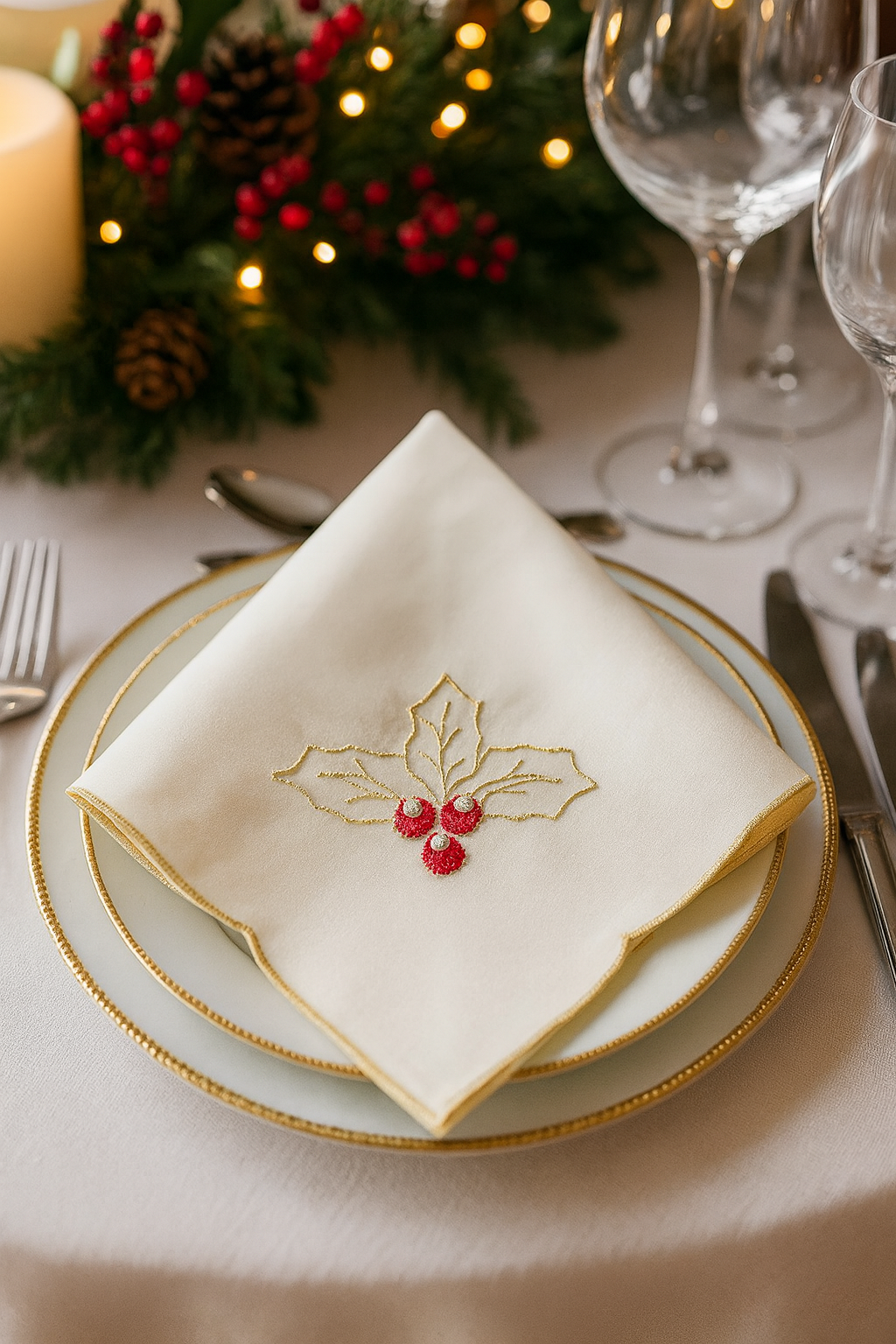 Embroidered Christmas 20" Ivory Dinner Napkin