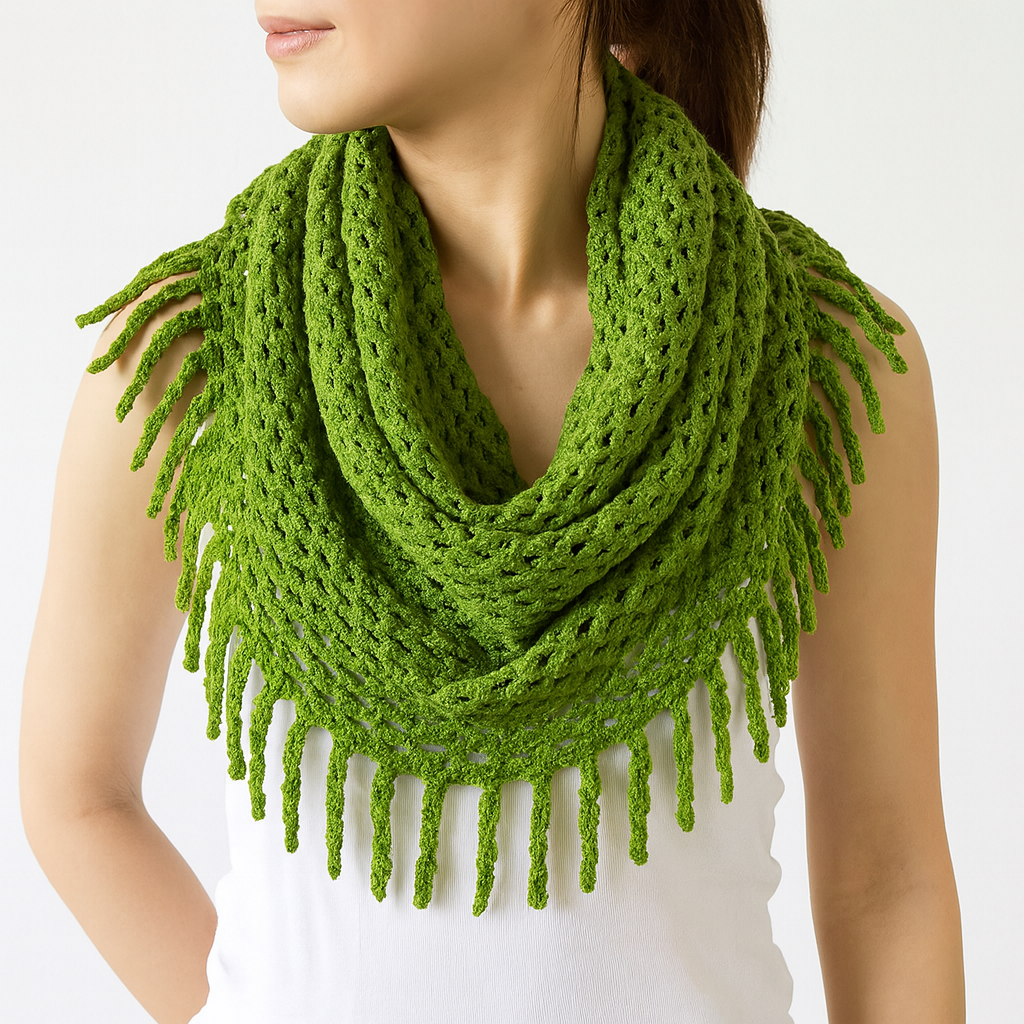 Green Tube-Style Scarf with Fringe