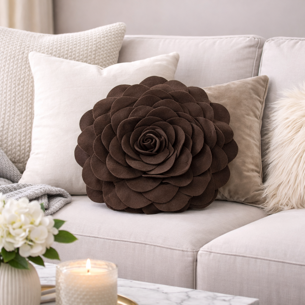 Chocolate 3D Rose Flower Petal Decorative Throw Pillow