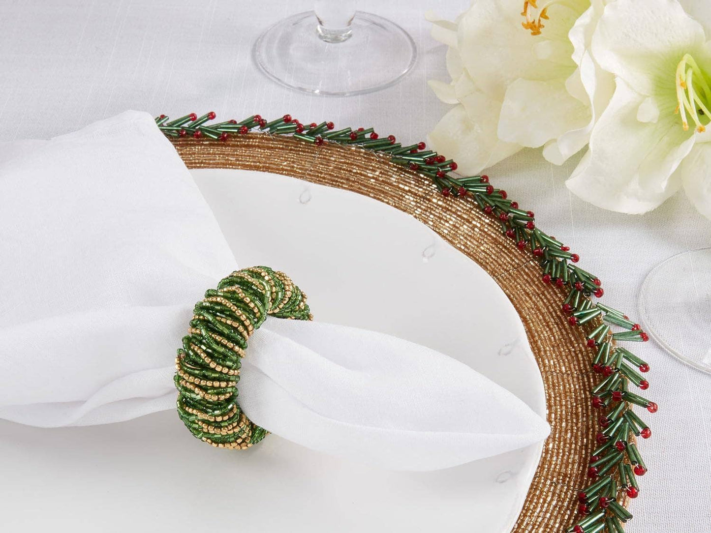 Green Gold Glass Beads Napkin Ring