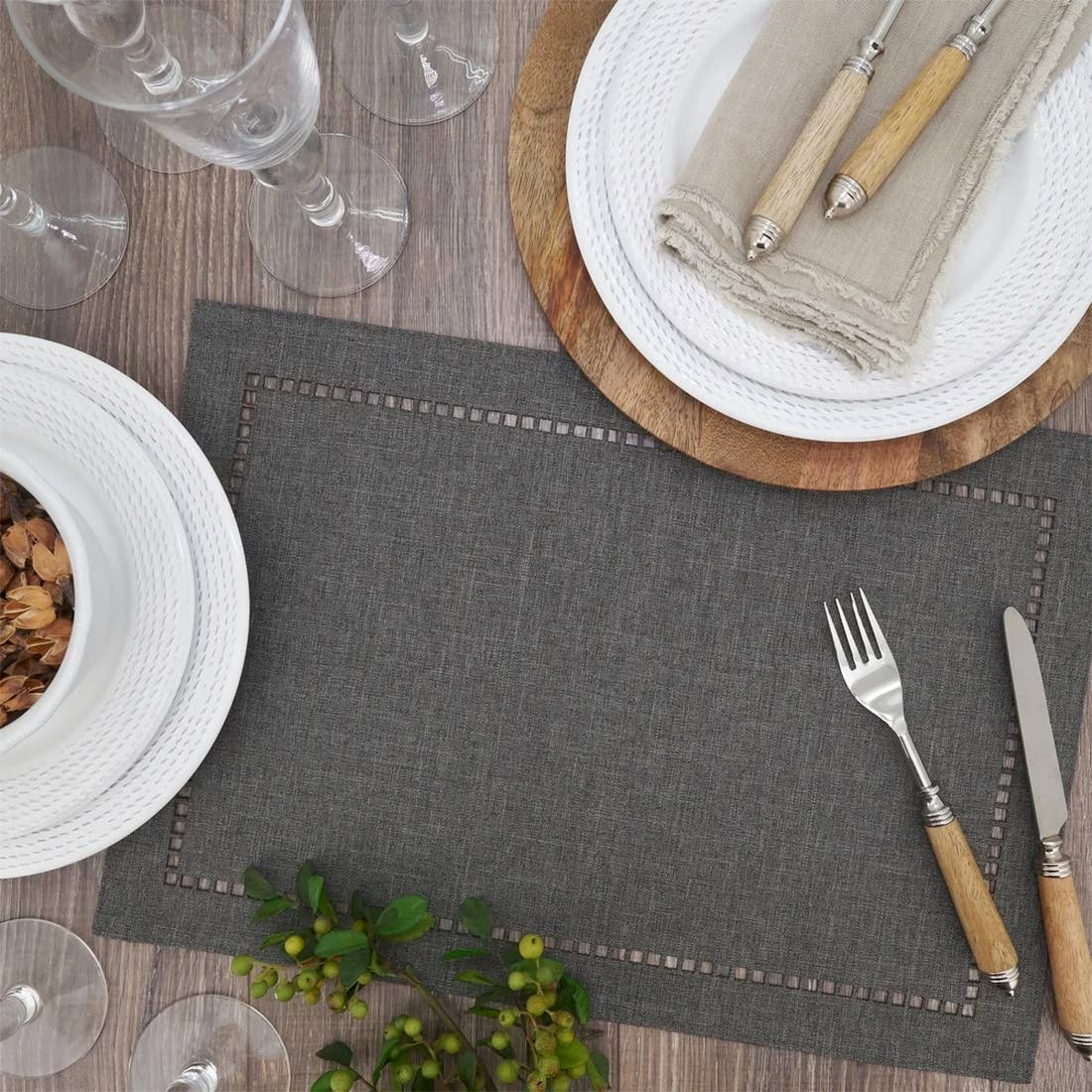 9738 - Charcoal Laser-Cut Hemstitch 13X19 Inch Placemat