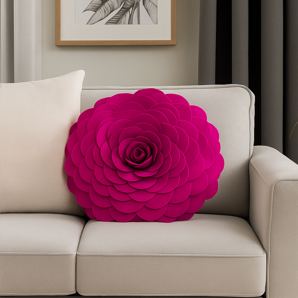 Fuchsia 3D Rose Flower Petal Decorative Throw Pillow
