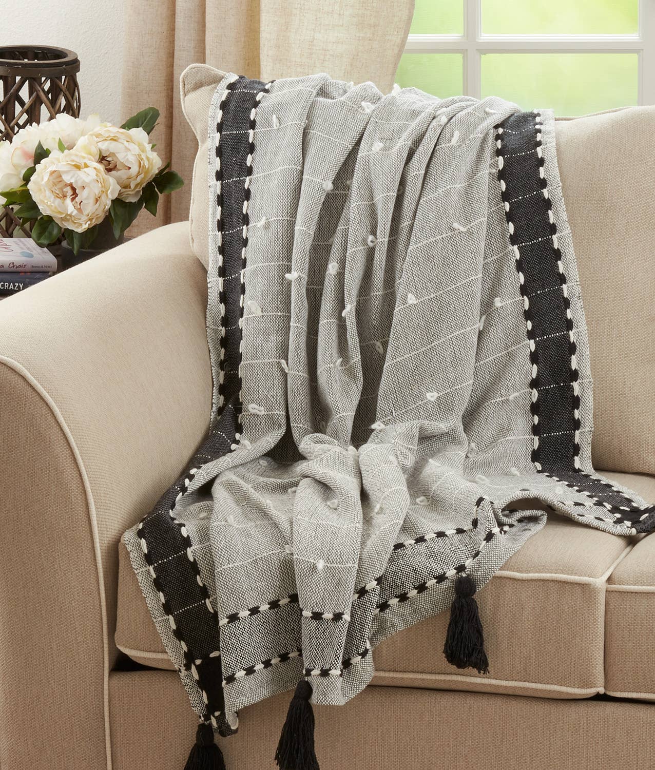 Banded Border Tassel Cotton Blend 50x60 Throw Blanket