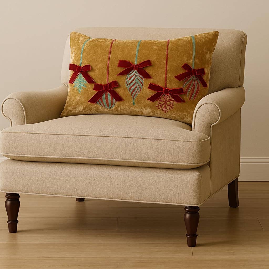 Gold Velvet Holiday Embroidery 12"X20" Throw Pillow