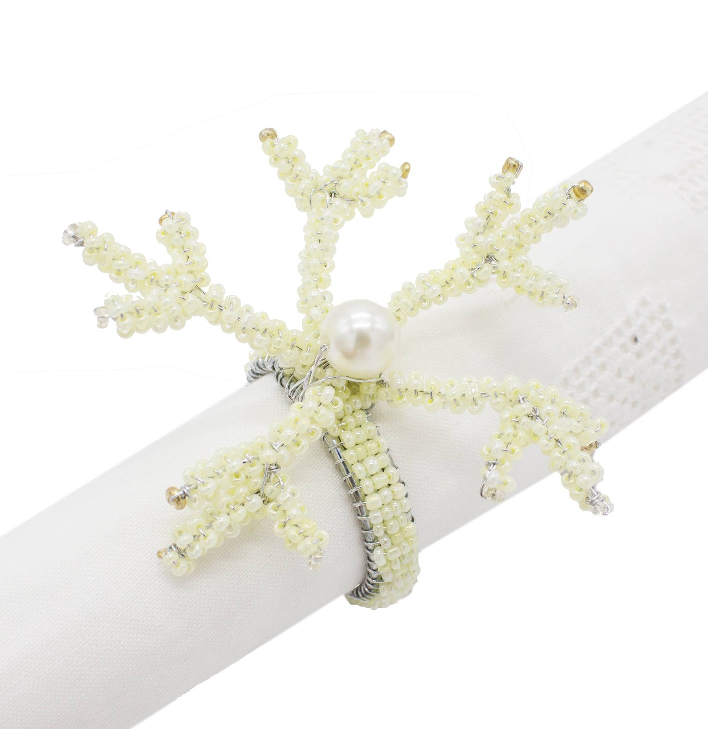 Ivory Beaded Coral Napkin Ring Holder