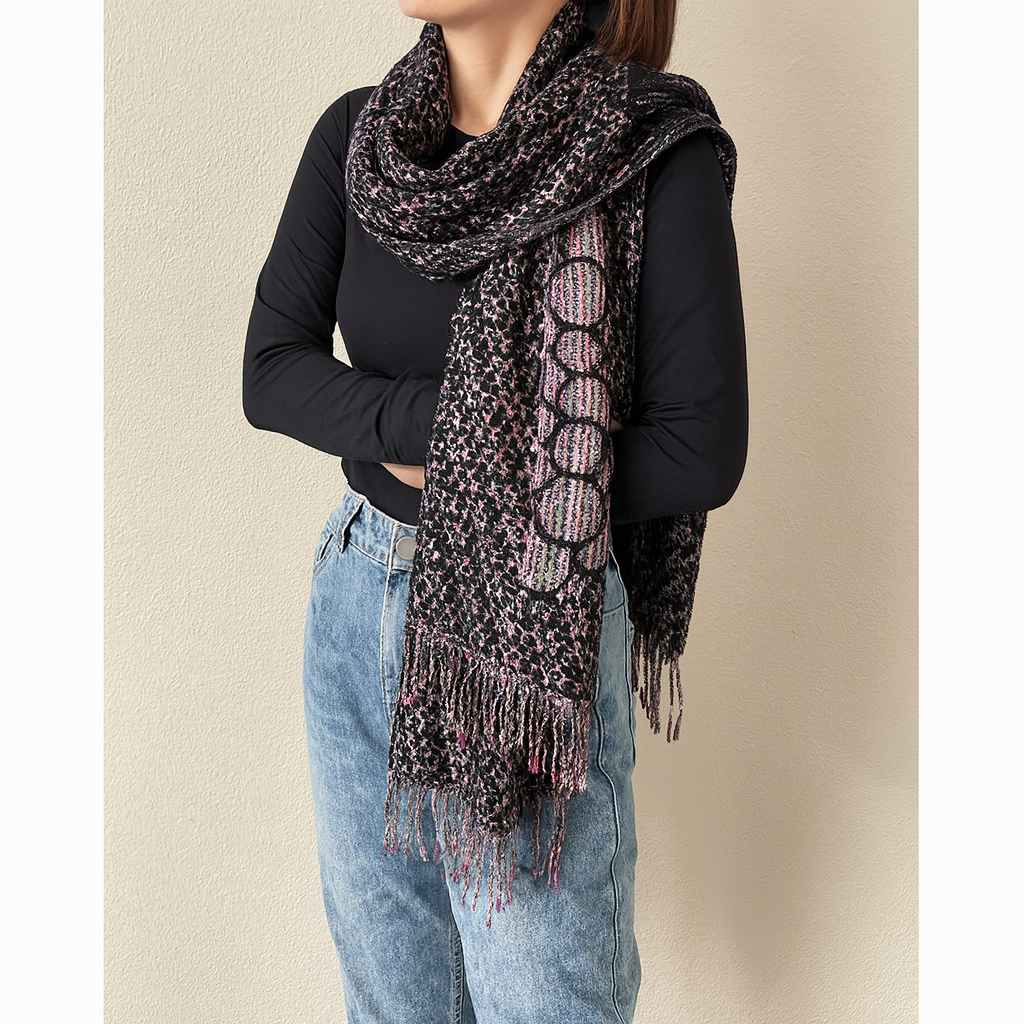 Black-Purple Knit Camellia Retro Cashmere Blend Wrap Scarf