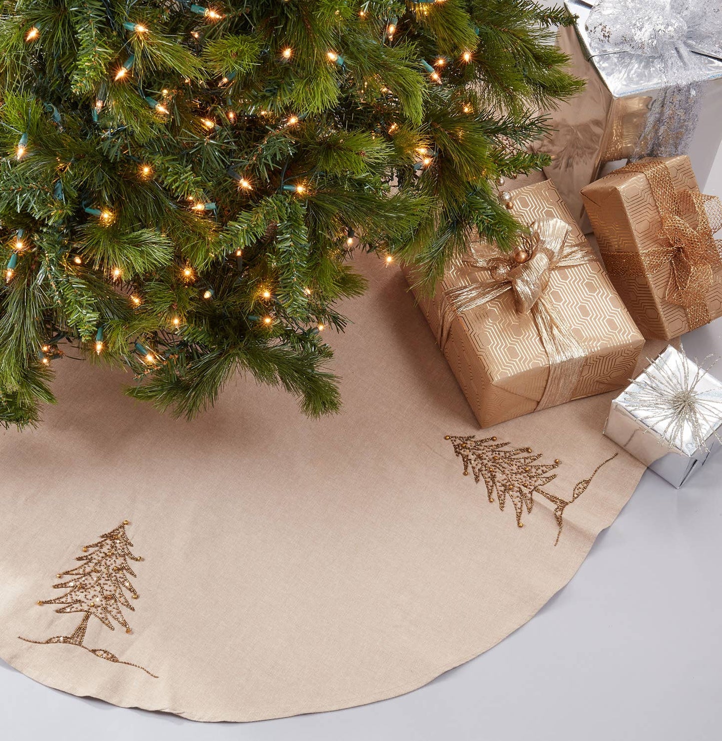 1025 - Gold Beaded Christmas Tree Design Cotton Natural Tree Skirt