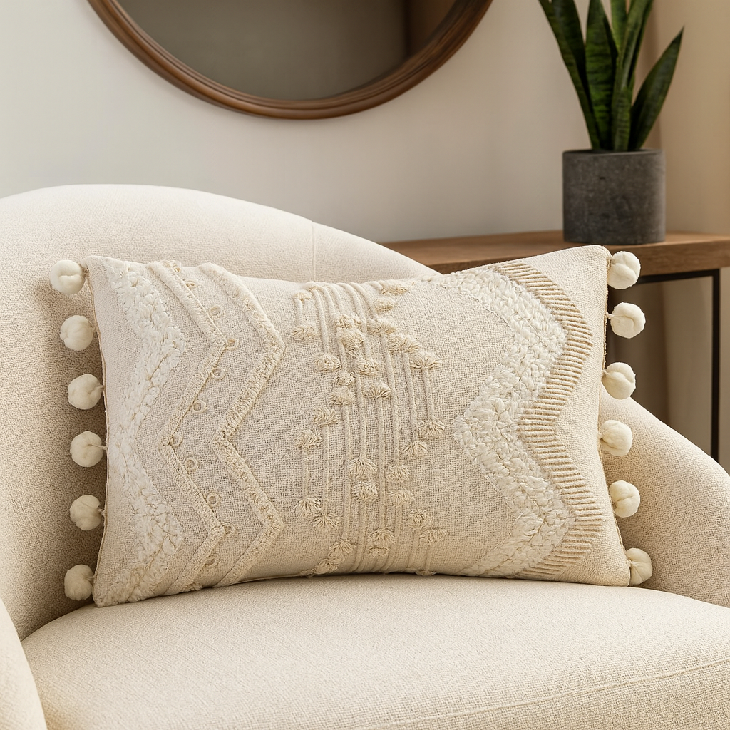 4435 - Ivory Cord & Pom Pom Applique Cotton 12"X18" Throw Pillow