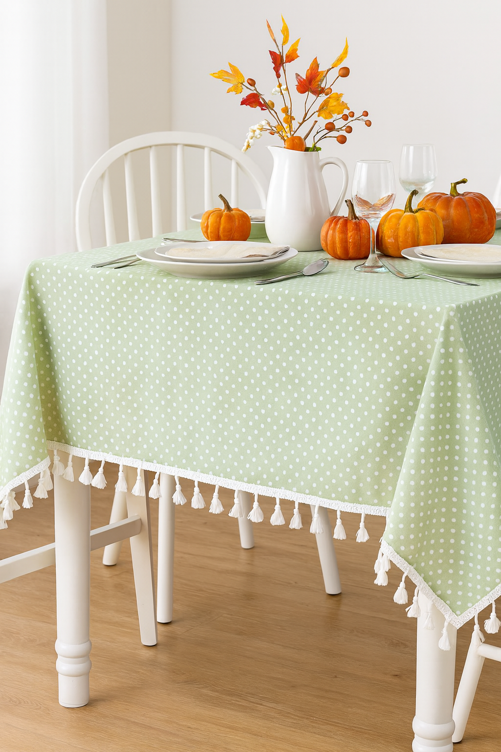 Rustic Polka Dots Tasseled Green Cotton Blend Tablecloth
