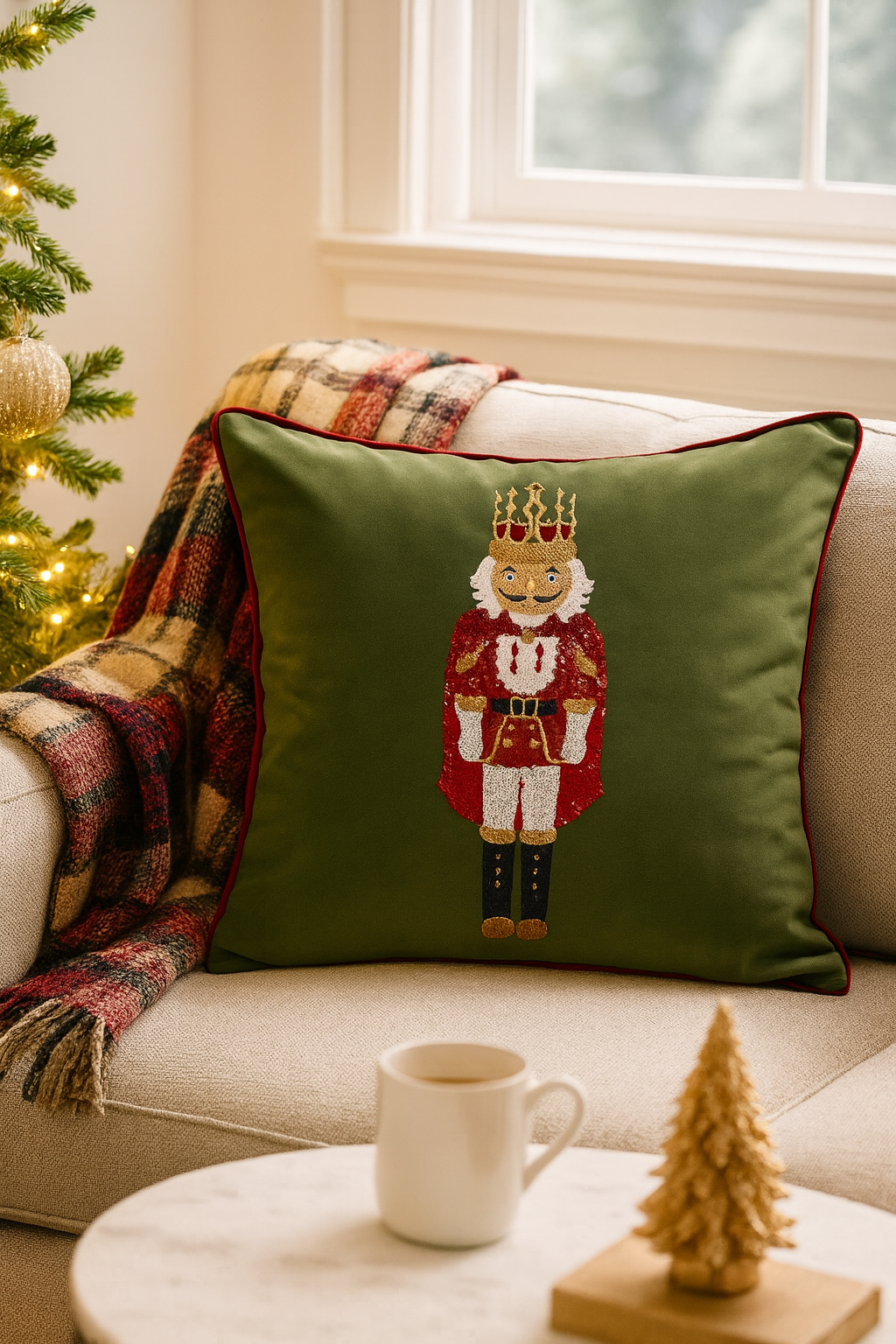 Green Embroidered Nutcracker Velvet 18" Throw Pillow