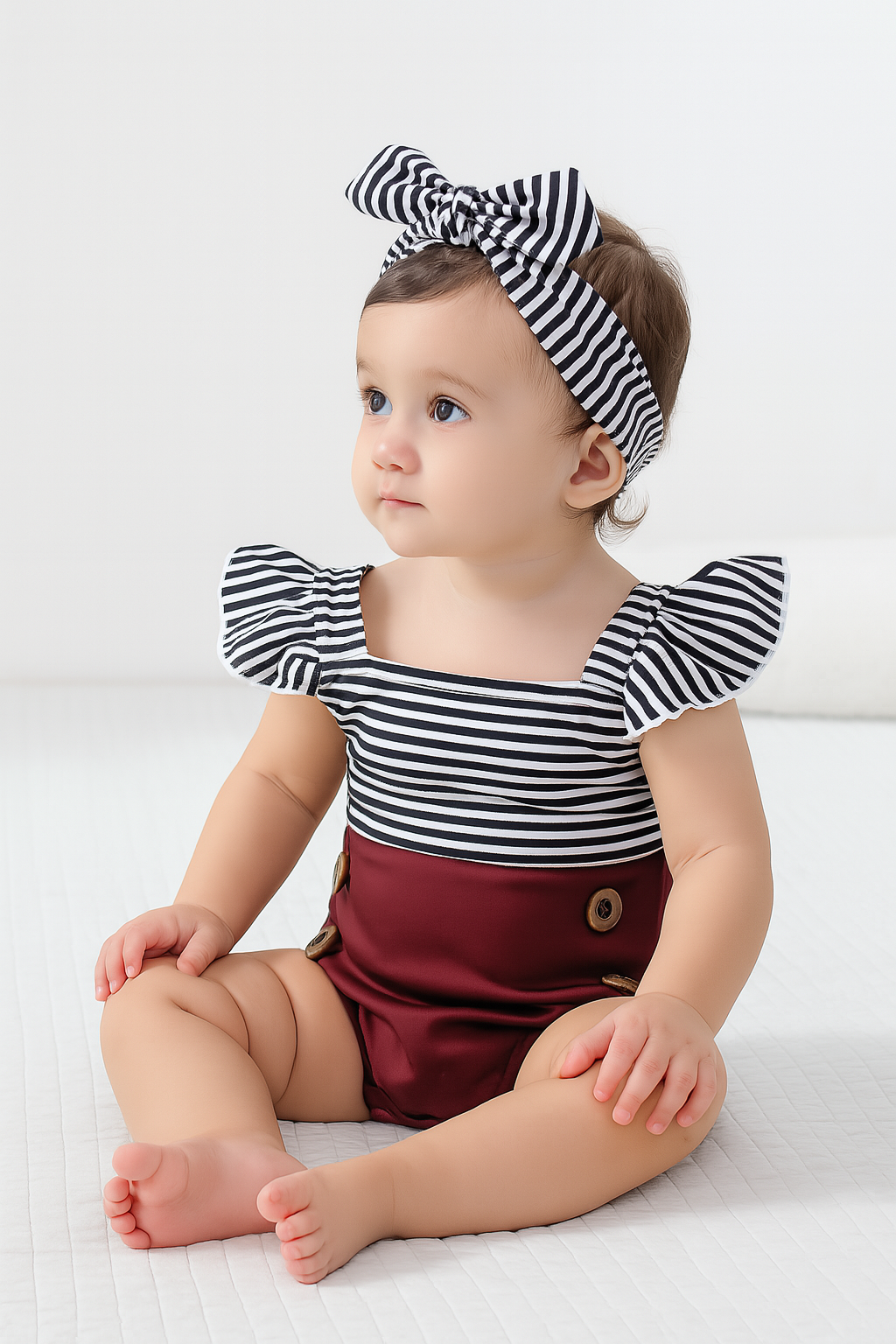 Stripe Ruffle Backless Baby Sunsuit Romper & Headband