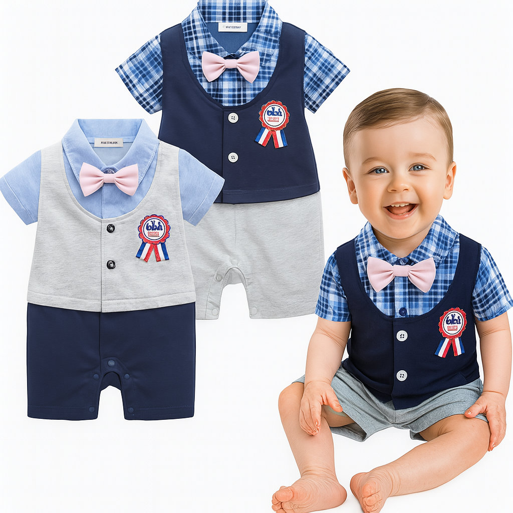 Grey 3D Bowtie Plaid Cotton Baby Romper