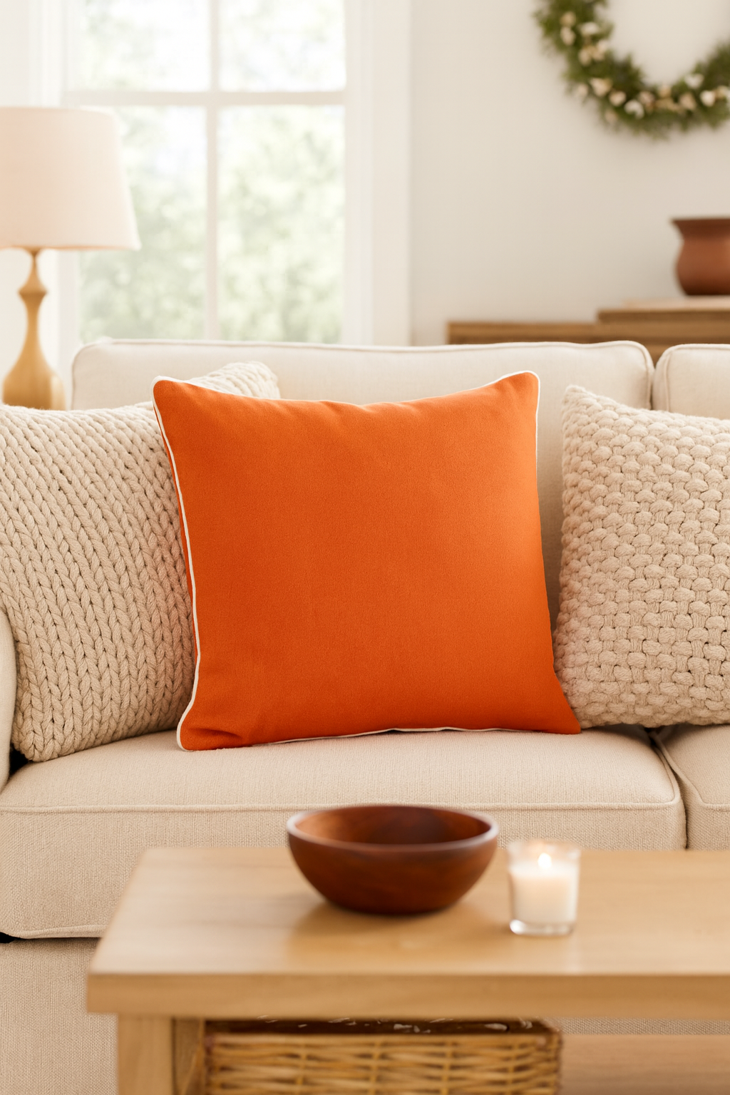 808 - Terracotta Classic White Piping Down Filled 20" Throw Pillow